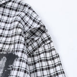 Men Long Sleeve T Shirt Plaid Letter Print Hollow out Long Sleeve Shirt Loose Casual Shirt