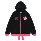 Men Hoodie Two-Way Zipper Hooded Jacket Five-Pointed Star Rope Bow Bandage Sweater