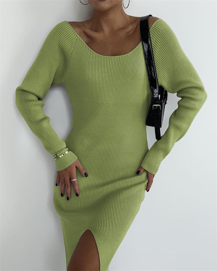 Women Sweater Dress Woolen Skirt Tight Sexy Slit Knit Dress