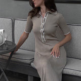 Women Sweater Dress Short Sleeve Lapel Knitted Dress Female Mid-Length Dress