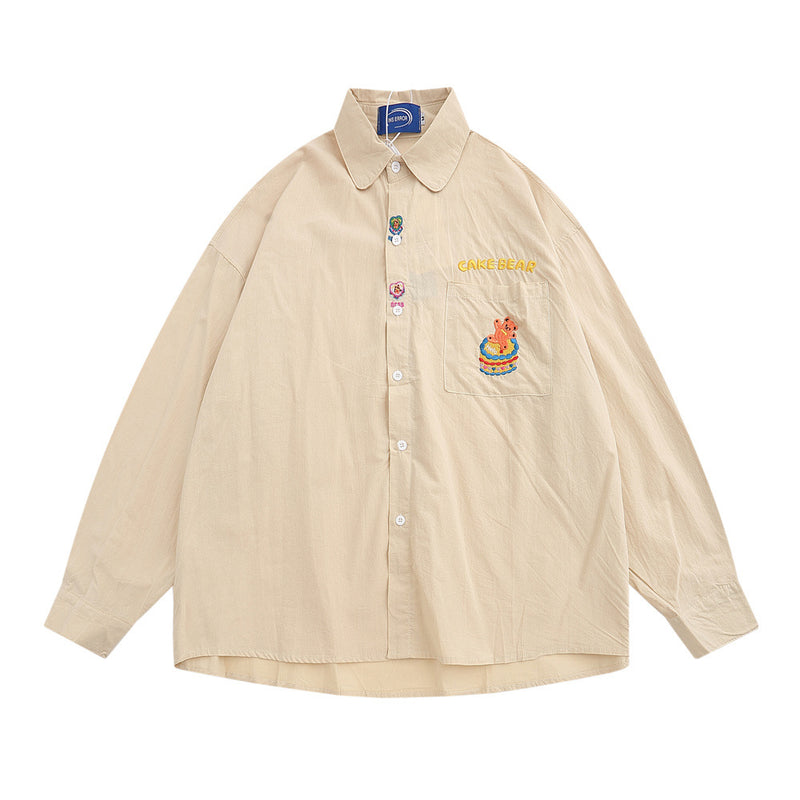 Men Long Sleeved T Shirt Cartoon Embroidery Shirt Coat Men's Loose Casual Spring and Autumn Long Sleeve Shirt