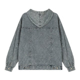 Men Denim Jacket Washed Do the Old Cowboy Sweatshirt Plaid Stitching Design Hooded Pullover