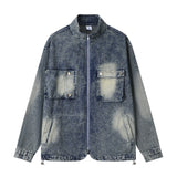 Men Denim Jacket Washed and Worn Zip Denim Jacket Men's Denim Jacket