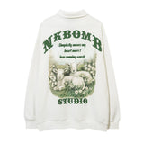 Men Hoodie Sheep Printing Lapel Sweater Boys Spring and Autumn Half Zipper Polo Shirt