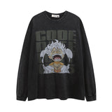 Men Long Sleeve Shirt Cartoon Printed Washed Distressed Long Sleeve T-shirt Men and Women Autumn Idle Style