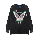 Men Long Sleeve Shirt Butterfly Graffiti Printing Washed Bottoming Long Sleeve T-shirt Oversize Men and Women Ins