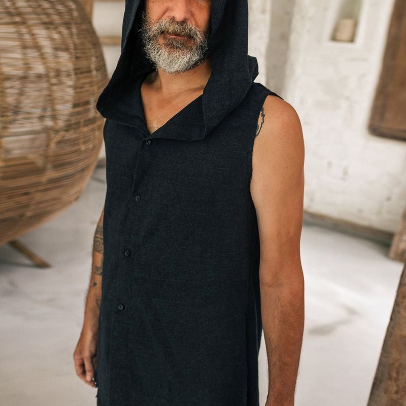 Men's T Shirt Sleeveless Hooded Vest Men's Cotton and Linen