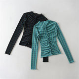 Women T-Shirt Long Sleeve Bottoming Shirt Personality Mesh Sun-Protective Clothing