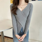 Women Long Sleeve Shirt V-neck Sweater Casual Bottoming Shirt Top