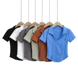 Women T-Shirt Polo Lapel Fitted Short T-shirt Short Sleeve Top