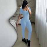 Women Jumpsuit Fashion Solid Color Short-Sleeved Jumpsuit