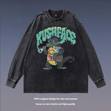Men Long Sleeve Shirt Vintage Cartoon Printed Washed Long Sleeve Bottoming T-shirt Men and Women Ins