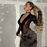 Women Jumpsuit Mesh Stitching Jumpsuit Long-Sleeved Top