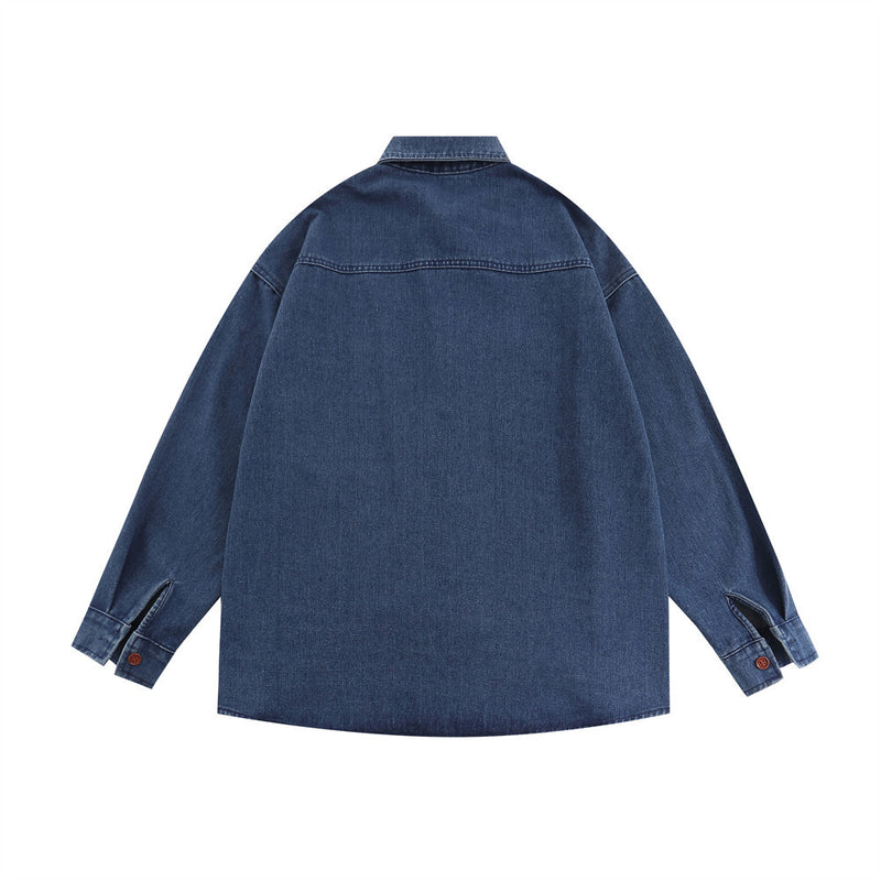 Men Long Sleeved T Shirt Personality Five-Pointed Star Embroidered Pocket Denim Shirt Men's Spring and Autumn Loose Casual