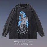 Men Long Sleeve Shirt Vintage Angel Washed Long Sleeve T-shirt Men's Distressed All-Match Top