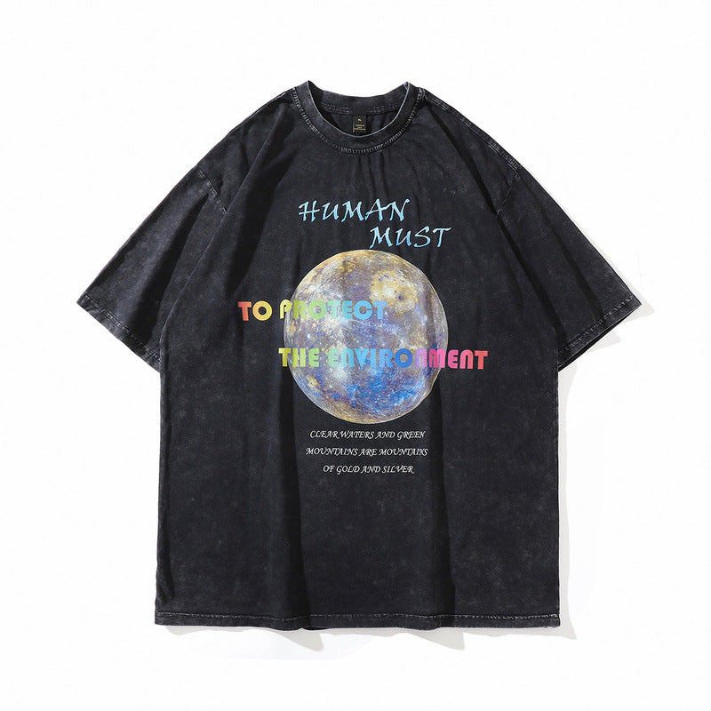 Men T Shirt Washed Gray Distressed T-shirt Summer Loose