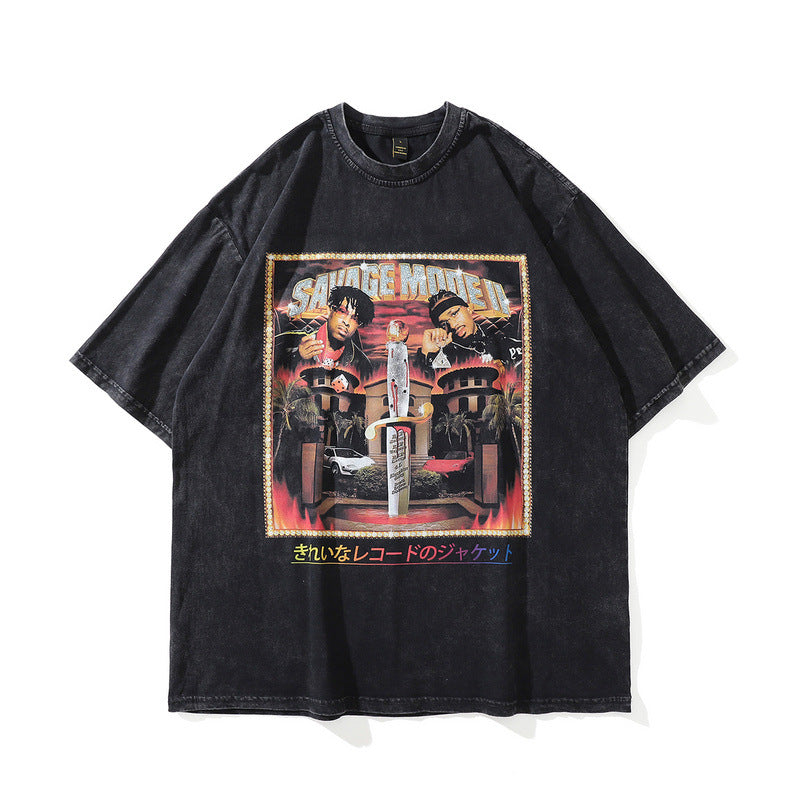 Men's T Shirt Washed Distressed T-shirt Men's and Women's round Neck Short Sleeve
