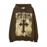 Men Hoodie Cross Printed Hoodie Men's Washed Distressed Loose Pullover Hoodie