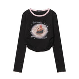 Women Long Sleeve T-Shirt Printed Pleated Short T-shirt for Girls Spring and Autumn round Neck