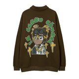 Men Hoodie Cartoon Character Puff Print Lapel Sweater Loose Half Zipped Stand Collar Pullover