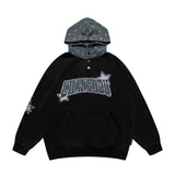 Men Fleece Lined Hoodie Cowboy Patchwork Hoodie Male Letter Five-Pointed Star Hat Loose