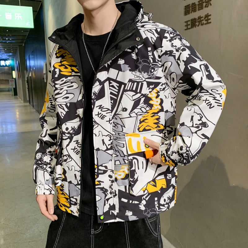 Graffiti Bomber Jacket Men's Spring and Autumn Hooded Jacket