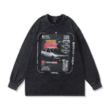 Men Long Sleeve Shirt Vintage Washed and Worn Anime Print Long Sleeve T-shirt for Men and Women