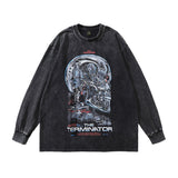 Men Long Sleeve Shirt Printed Washed round Neck Long Sleeve Bottoming T-shirt Men and Women Vintage