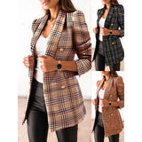 Plaid Trench Coat Autumn and Winter Long Sleeve Double Breasted Suit Collar Printed Small Coat