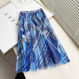 Women Skirt Spring/Summer Mesh Floral Print Pleated Skirt Skirt