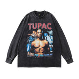 Men Long Sleeve Shirt Printed Washed Long Sleeve T-shirt Men and Women Street