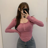 Women Long Sleeve Shirt Bottoming Shirt Curved Top Spring Show Chest