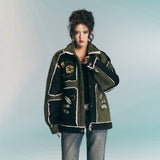 Unisex Down Jacket Winter Floral Embroidery Contrast Lamb Fleece