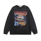 Men Long Sleeve Shirt Vintage Printed Washed Loose Long Sleeve T-shirt Men and Women Couple