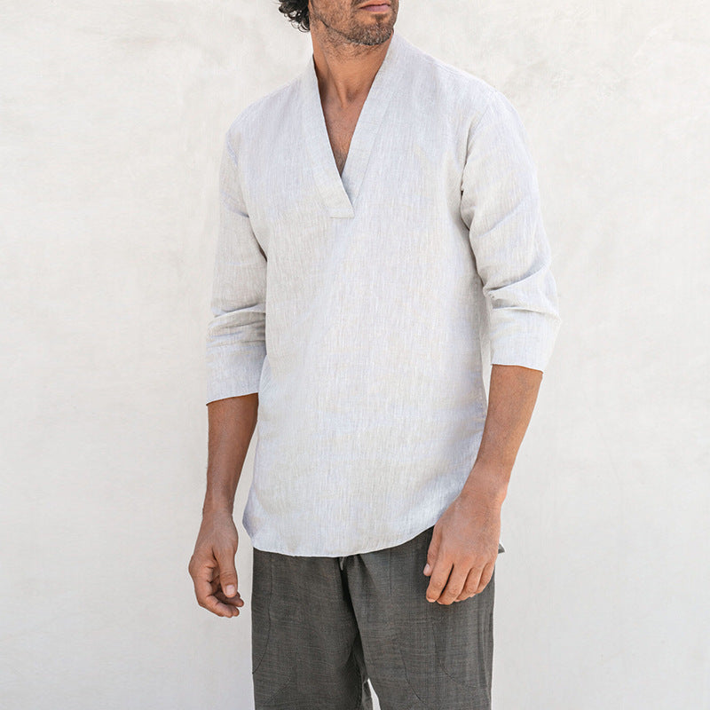 Men T Shirt Men's T-shirt Cotton and Linen Casual Long-Sleeved Top