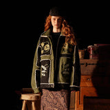 Unisex Down Jacket Winter Floral Embroidery Contrast Lamb Fleece