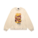 Men Hoodie Hamburger Printed round Neck Long-Sleeved Sweater Men's Loose Puffer Sports Top