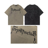 Men T Shirt Printed Worn Looking Washed-out Short-Sleeved T-shirt Men and Women Style Retro