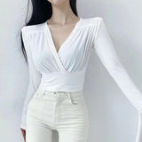 Women Long Sleeve Shirt V-neck Long Sleeve Bottoming Shirt Slim Fit Slimming Waist Trimming Short