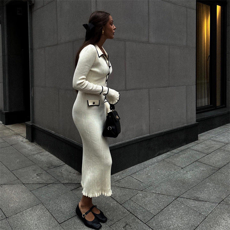 Women Sweater Dress Knitted Dress Fall/Winter Sweater Dress Lapel Tight