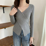 Women Long Sleeve Shirt V-neck Sweater Casual Bottoming Shirt Top