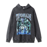 Men Hoodie Robot Printed Hoodie Men's Washed Make Old Ripped
