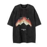 Men T Shirt Washed and Worn Vintage Print Short Sleeves T-shirt Men and Women