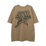 Men T Shirt Five-Pointed Star Letter Print Couple Half Sleeve T-shirt Vintage Distressed Short Sleeve