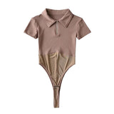 Women T-Shirt Spring/Summer Lapel Mesh Stitching Fashion Tight