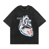 Men T Shirt Washed and Worn Printed Loose T-shirt Men's Summer Street