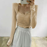 Women Long Sleeve Shirt Short V-neck Base Shirt Solid Color Slim Fit
