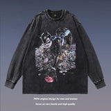Men's Long Sleeve Shirt Printed Washed Long Sleeve Vintage T-shirt Men's Retro Distressed