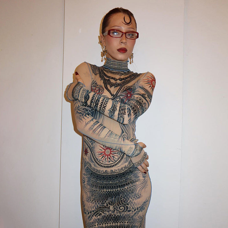 Women Dresses Fall Women's Clothing Long Sleeve Mesh Printed Short Dress