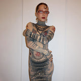 Women Dresses Fall Women's Clothing Long Sleeve Mesh Printed Short Dress